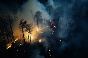 Fototapeta premium Forest fire in progress. Fire. Large flames. a threat to our environment. Aerial view of massive wildfire or forest fire with burning trees and orange smoke. Generative AI.
