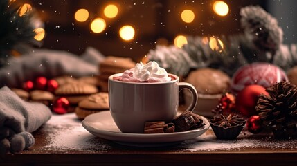 Obraz na płótnie Canvas Hot chocolate with decoration on a cozy blur christmas lights background