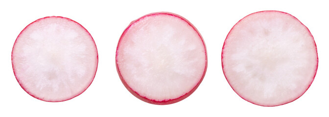 Radish isolated. Round slices of radish sliced on a transparent background, top view. - obrazy, fototapety, plakaty