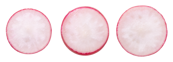 Radish isolated. Round slices of radish sliced on a transparent background, top view.