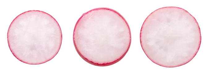 Fotobehang Radish isolated. Round slices of radish sliced on a transparent background, top view. © Денис Петровских