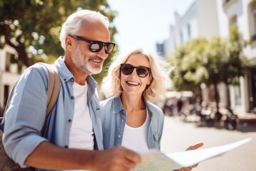 Fototapeta premium Senior couple, a man and woman looking for direction in the city, they are holding a map. Fun, friends, travel and tourism concept.
