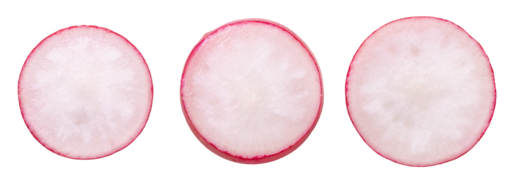 Radish isolated. Round slices of radish sliced on a transparent background, top view.