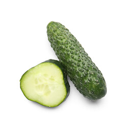 Fresh cucumber and cut piece isolated on white background