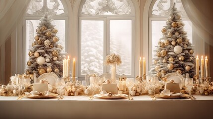 Elegantly set Christmas festive table, in white and gold colors, with cozy Christmas lights and decorations