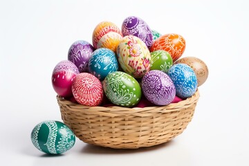Basketful of vibrant Easter eggs on a white background. Generative AI