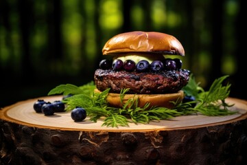 Venison Burger with Sweet Blueberry Compote, Presented on a Rustic Wooden Board for a Gourmet...