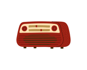 Vintage radio receiver in red. Retro technique. Hand-drawn doodle illustration.