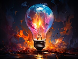 Bright light bulb with colorful paint splashed all over on isolated background generative ai