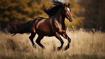 Horses running in the meadow . Horse with long mane run gallop, - obrazy, fototapety, plakaty