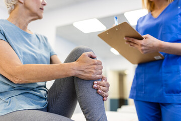 Senior female patients consulted physiotherapists with knee pain problems for examination and...