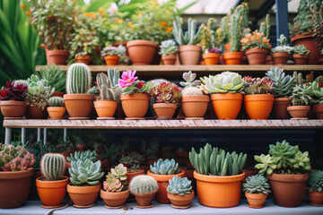 Fototapeta na wymiar succulent blooming bright succulent plants and cacti on the shelves of a store window