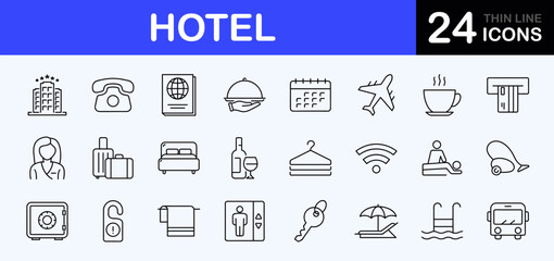 Hotel web icons set. Hotel and vacation - simple thin line icons collection. Containing hotel services, relax, travel, service, room, booking, facilities and more. Simple web icons set