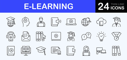 E-learning web icons set. Online education - simple thin line icons collection. Containing video tuition, digital education, learning, online course, website, webinar and more. Simple web icons set
