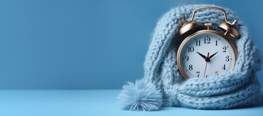 Clock wrapped in warm hat on homogeneous light blue background to emphasize the winter theme and coziness. Concept of transition to winter time. 