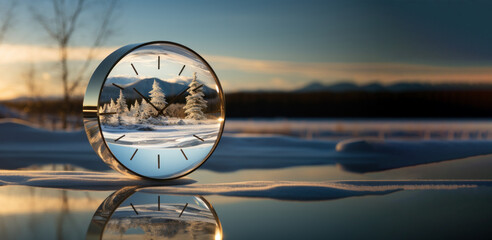 Glass clock with modern minimalistic design and depicting winter landscape on dial place on pure reflective surface against snow covered forest. Concept of transition to winter time.  - obrazy, fototapety, plakaty