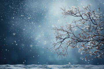 Part of tree with dry fall leaves on branches covered snow on blue background with flying snowflakes with place for text. Concept of transition to winter time.