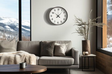 Contemporary wall clock in stylish light room. Snow covered landscape outside. Concept of transition to winter time.