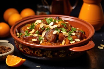 Savor the Exotic Flavors of Moroccan Lamb Tagine with Apricots and Almonds - A Culinary Journey to North African Delights.

 - obrazy, fototapety, plakaty