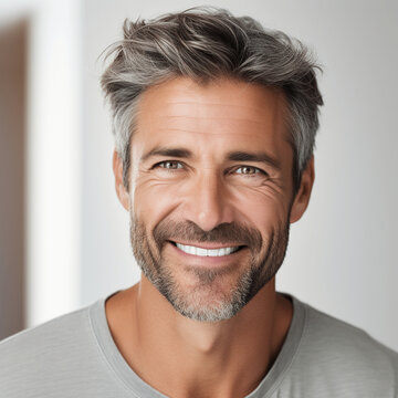 a closeup photo portrait of a handsome old mature man smiling with clean teeth. for a dental ad. guy with fresh stylish hair and beard with strong jawline. isolated on white background png file