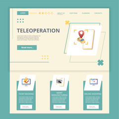 Teleoperation flat landing page website template. Ticket booking, smart manufacturing, online shopping. Web banner with header, content and footer. Vector illustration.