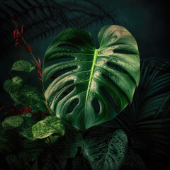several tropical plants Monstera Albo in a humid and shady place. Concept of botany and tropical nature