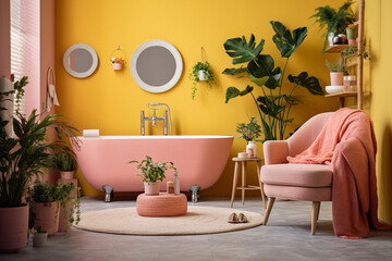Modern bathroom with plants, glamour interior design.