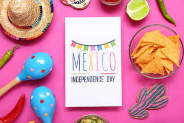Greeting card with text MEXICO INDEPENDENCE DAY and Mexican food on pink background
