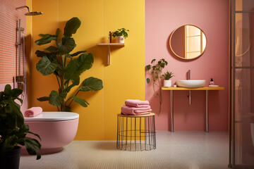 Modern bathroom with plants, glamour interior design.