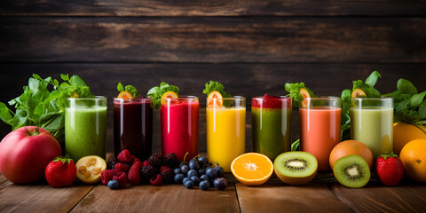 Ripe Healthy Fruits Juice Image Assortment of fresh fruits and vegetables juices in rainbow colors stock photo  Healthy Detox Juices To Aid Weight Loss Ai Generative - obrazy, fototapety, plakaty