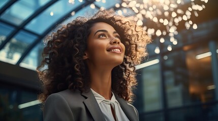 Fototapeta premium Close up portrait of young attractive businesswoman wearing smart clothes and smiling and looking absolutely happy posing outdoors city the background.