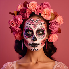 Portrait of a woman with sugar skull makeup over pink background. Halloween costume and make-up. 