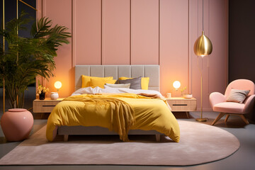 Modern bedroom interior design with pink and yellow colors