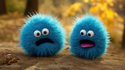 Adorable furry hair Abominable snowball monsters, these ultra cute fluffy Yeti inspired toys are very loveable and huggable, cartoon like art with quirky expressions.