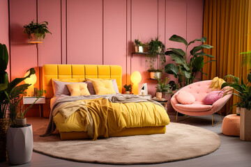 Modern bedroom interior design with pink and yellow colors