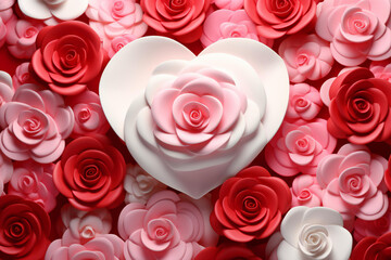 Valentine's Day with red Big hearts, white, and pink Big hearts. background and red rose, 3D,  top view.