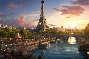 Eiffel Tower and Seine river at sunset, Paris, France, eiffel tower city, AI Generated