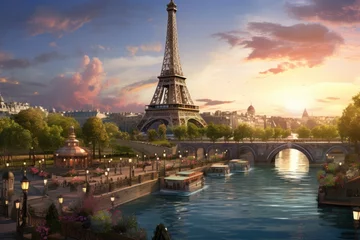 Rolgordijnen Eiffel Tower and Seine river at sunset, Paris, France, eiffel tower city, AI Generated © Iftikhar alam