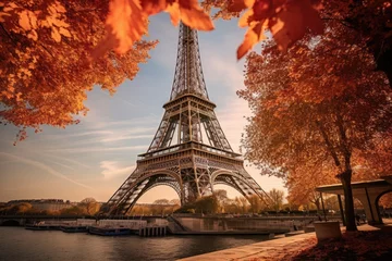 Room darkening curtains Paris The Eiffel Tower in Paris, France. Colorful autumn leaves, Eiffel Tower with autumn leaves in Paris, France, AI Generated
