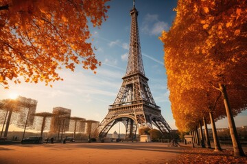 The Eiffel Tower in Paris, France. Beautiful autumn landscape, Eiffel Tower with autumn leaves in Paris, France, AI Generated