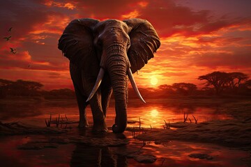 African elephant at sunset - digital artwork for your creative graphic design, elephant and sunset, AI Generated