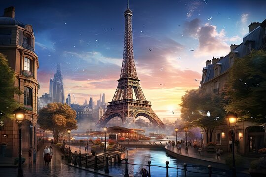 The Eiffel Tower in Paris, France at sunset. Collage, eiffel tower city, AI Generated