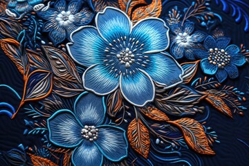 floral pattern on the fabric as a background, close-up, Embroidery floral abstract fantasy design luxury denim blue jeans, AI Generated