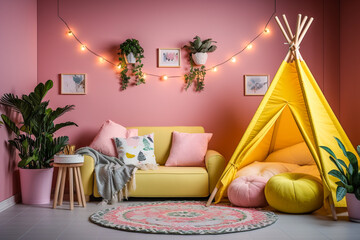Modern childrens room with wigwam interior design. Pink and yellow colors