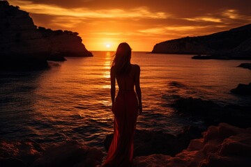 Beautiful girl in a long evening dress on the seashore at sunset, Epic red sunset in Cala Llentrisca with model , Ibiza, AI Generated