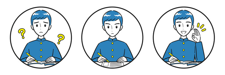 勉強を頑張る男子学生の丸いアイコンセット（シンプル）