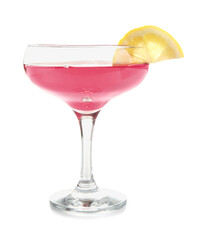Glass of Cosmopolitan cocktail with lemon on white background