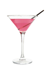 Glass of Cosmopolitan cocktail on white background