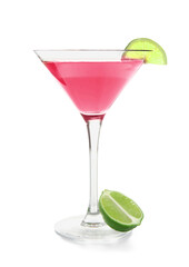 Glass of Cosmopolitan cocktail with lime on white background