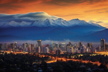 Obraz premium Cityscape of Pokhara at sunset, Nepal, Asia, Evening panorama of Santiago de Chile, AI Generated